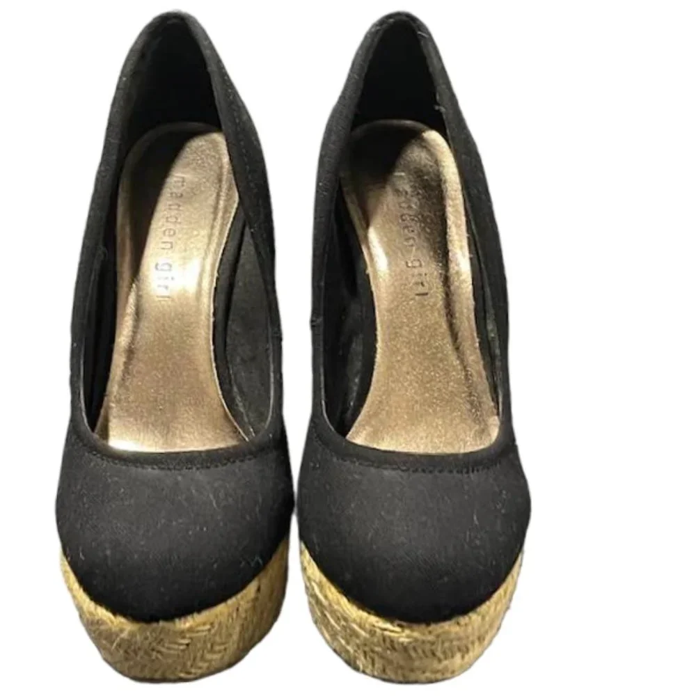 Madden Girl Wedges Black Chunky Shoes Espadrilles - Fabric Material - size 8.5